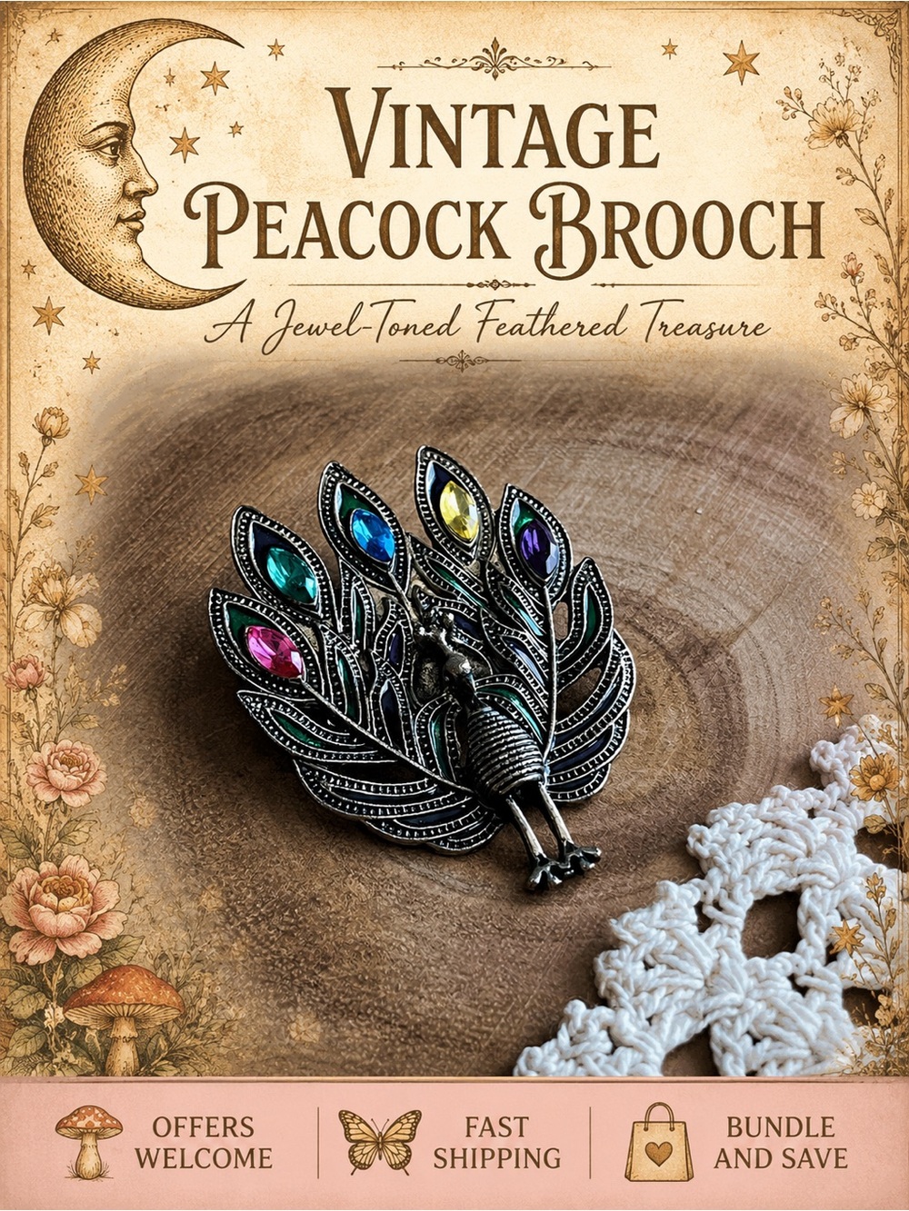 Vintage Peacock Brooch Multicolor Rhinestone Statement Pin